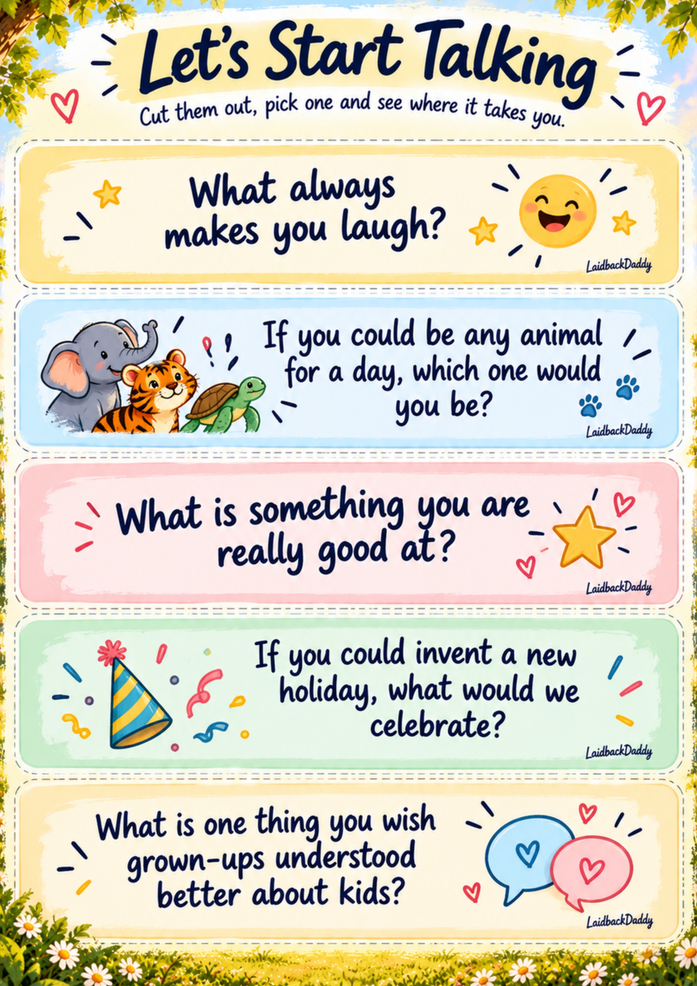 The real printable sheet of LaidbackDaddy conversation cards, including 'What always makes you laugh?' and 'If you could be any animal for a day, which one would you be?'